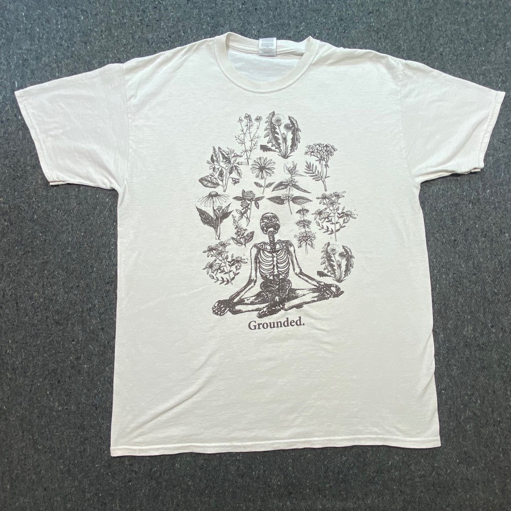 Jerzees Grounded Skeleton Flowers Shirt Sz XLT Mens Cream Boho Grunge Meditating